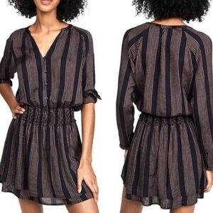 Rails Jasmine Black/Metallic Gold Stripes Long Sleeves Smocked Mini Dress Sz XS